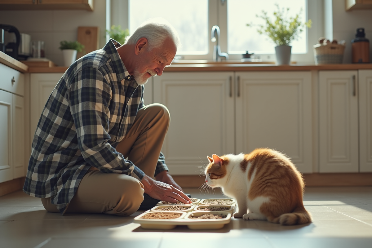 Homme âgé observe son chat avec des échantillons de litière dans la cuisine