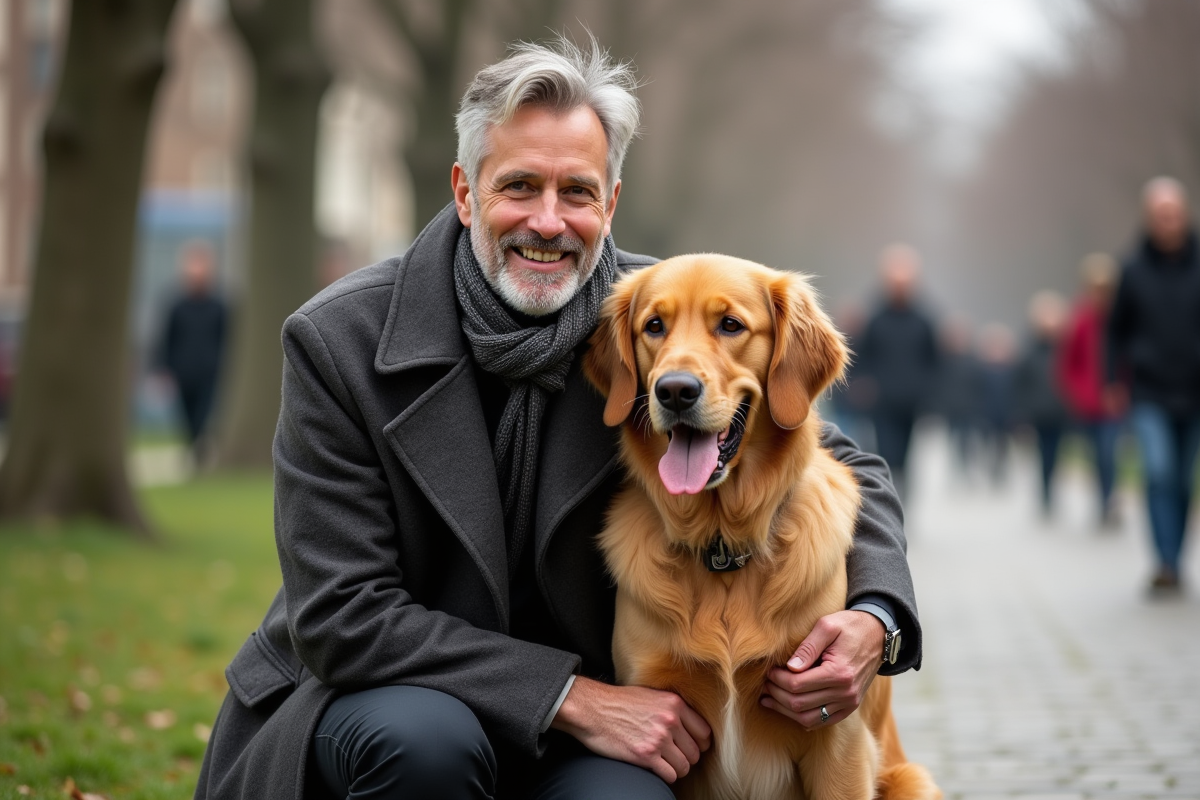 Homme avec un chien golden retriever dans un parc urbain