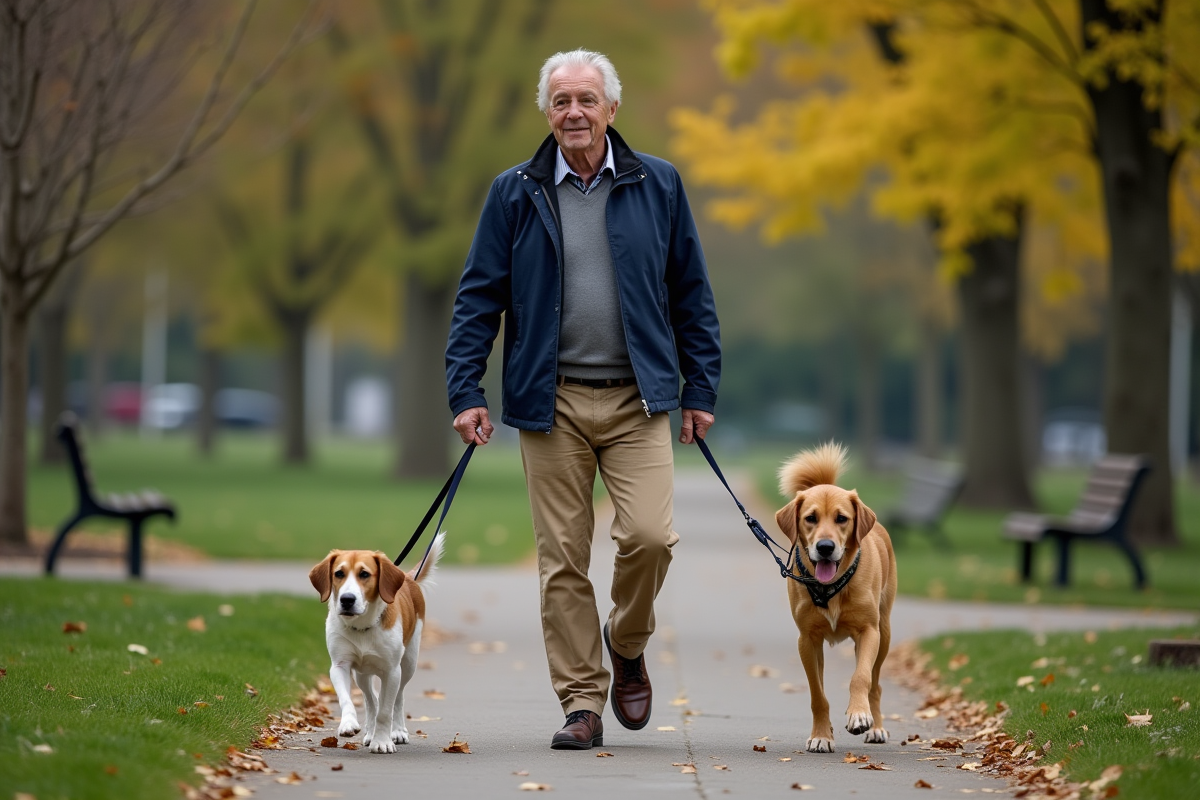 Homme marchant avec deux chiens dans un parc en automne