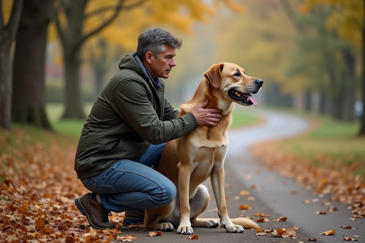 Homme moyen age avec son chien dans un parc d automne