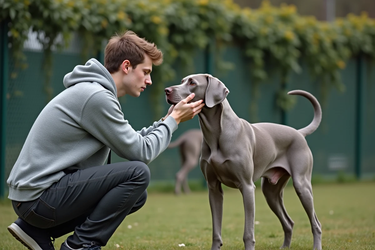 Homme agenouillé en contact doux avec un braque de Weimar dans un parc canin, démontrant une communication positive et une incompréhension souvent injuste de la race