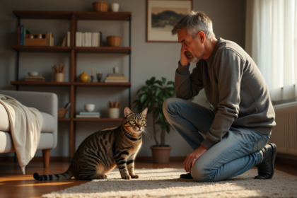 Homme inquiet avec un chat tachete dans un salon moderne