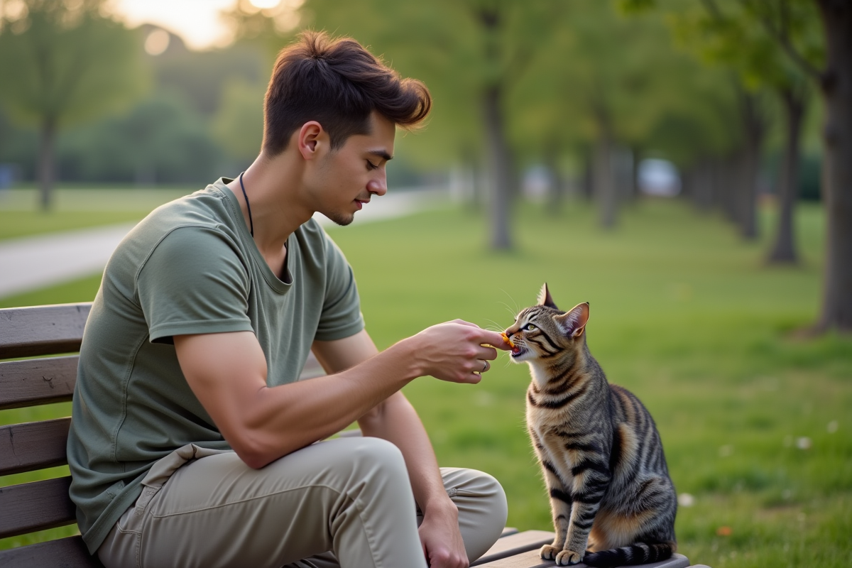 Jeune homme donnant des croquettes à son chat dans un parc