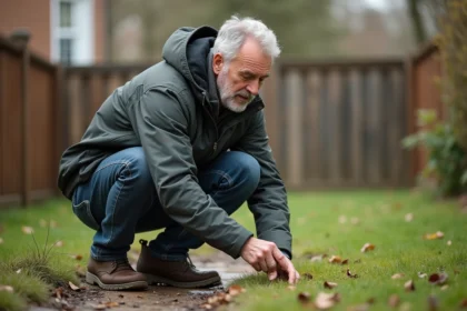 Homme examinant des déjections de renard dans un jardin au printemps