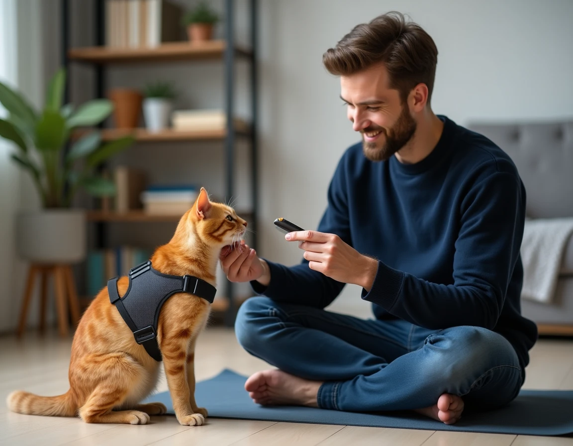 Homme utilisant un clicker et des friandises pour habituer son chat roux à porter un harnais, séance d'entraînement positif à domicile