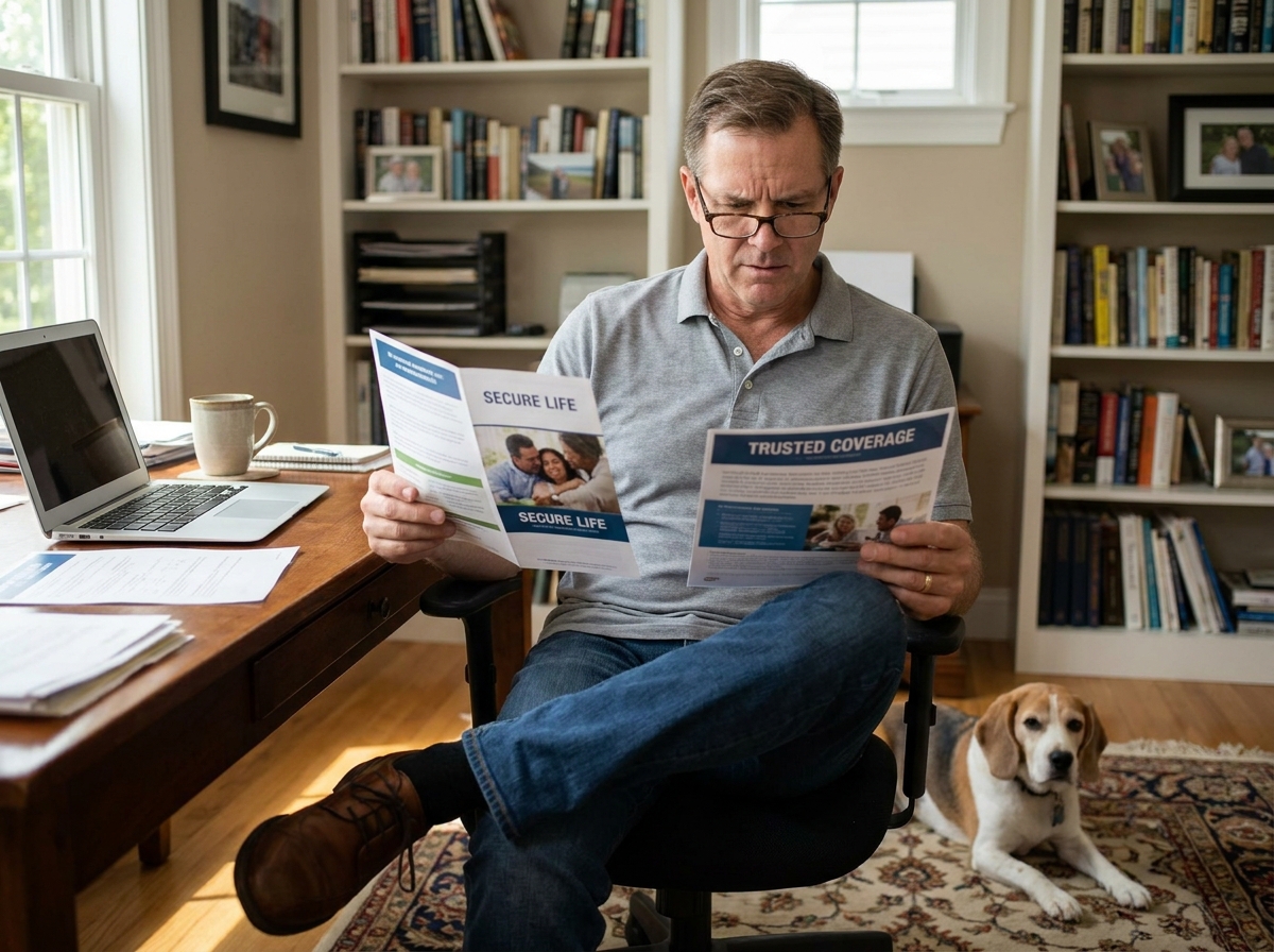 Homme comparant des brochures d'assurance santé pour animaux à son bureau avec son chien beagle à ses pieds
