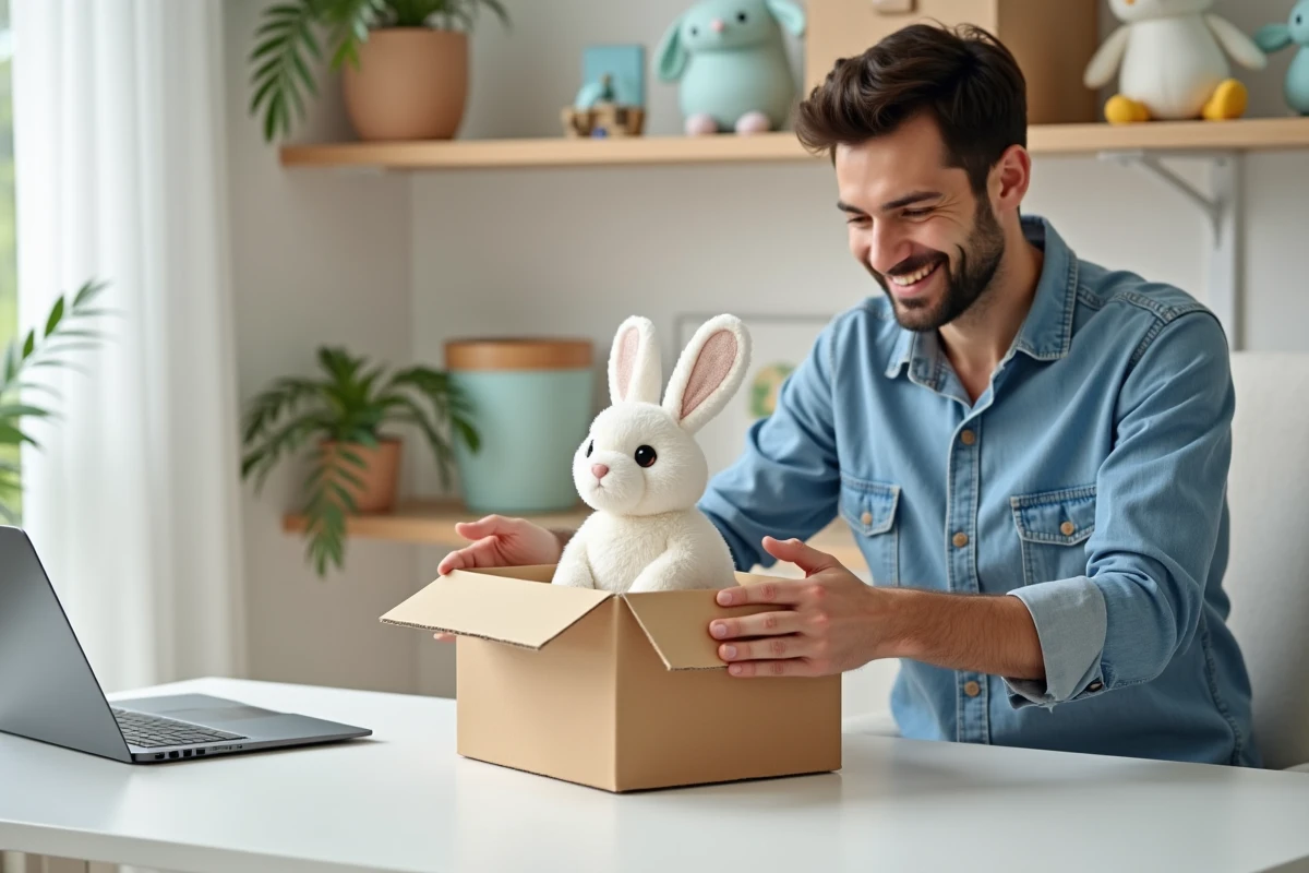 Jeune homme déballant un Fanyil Bunny Pal dans un bureau moderne