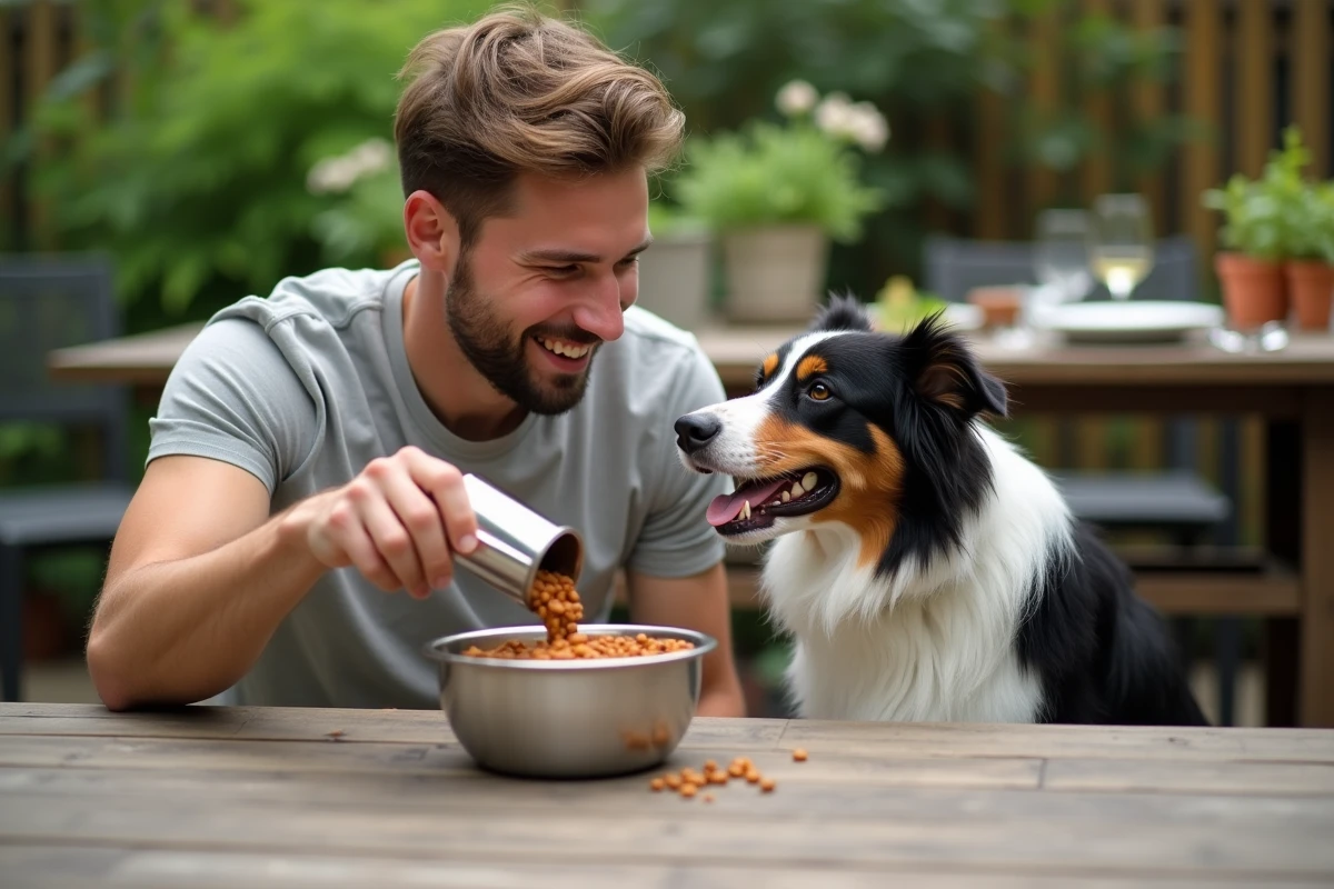 Homme versant des lentilles dans un bol pour son chien en extérieur