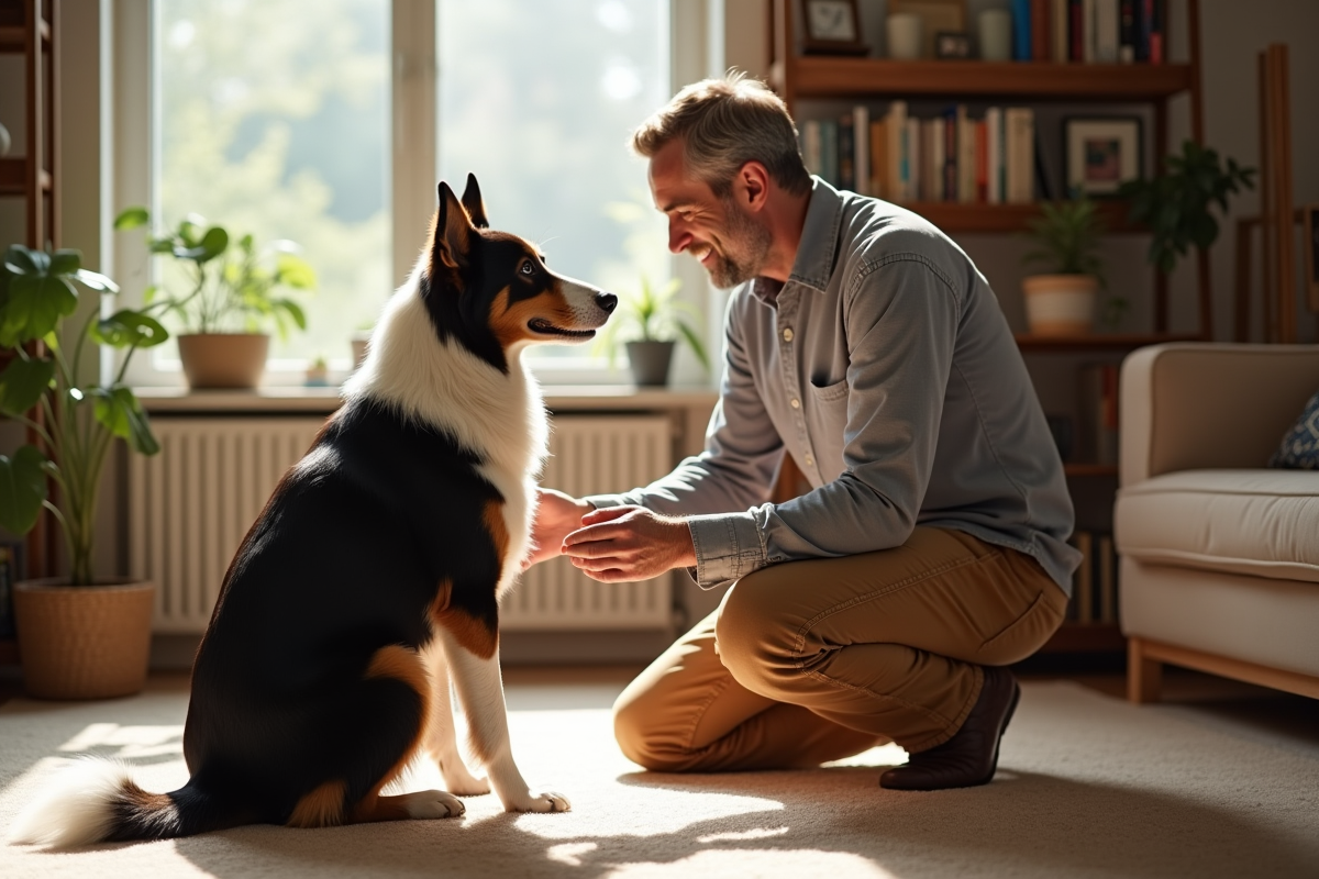 Homme caressant son chien border collie dans un salon chaleureux