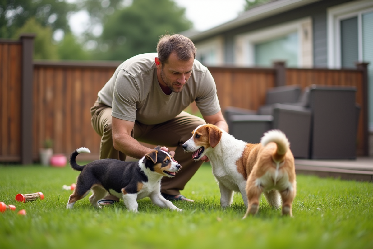 Homme jouant avec deux chiens dans le jardin