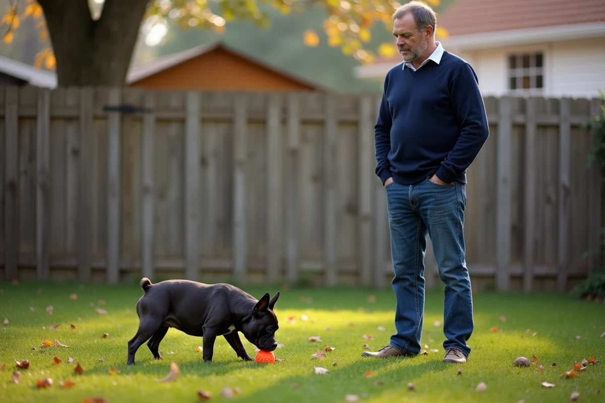 Homme observant un bulldog français dans un jardin d
