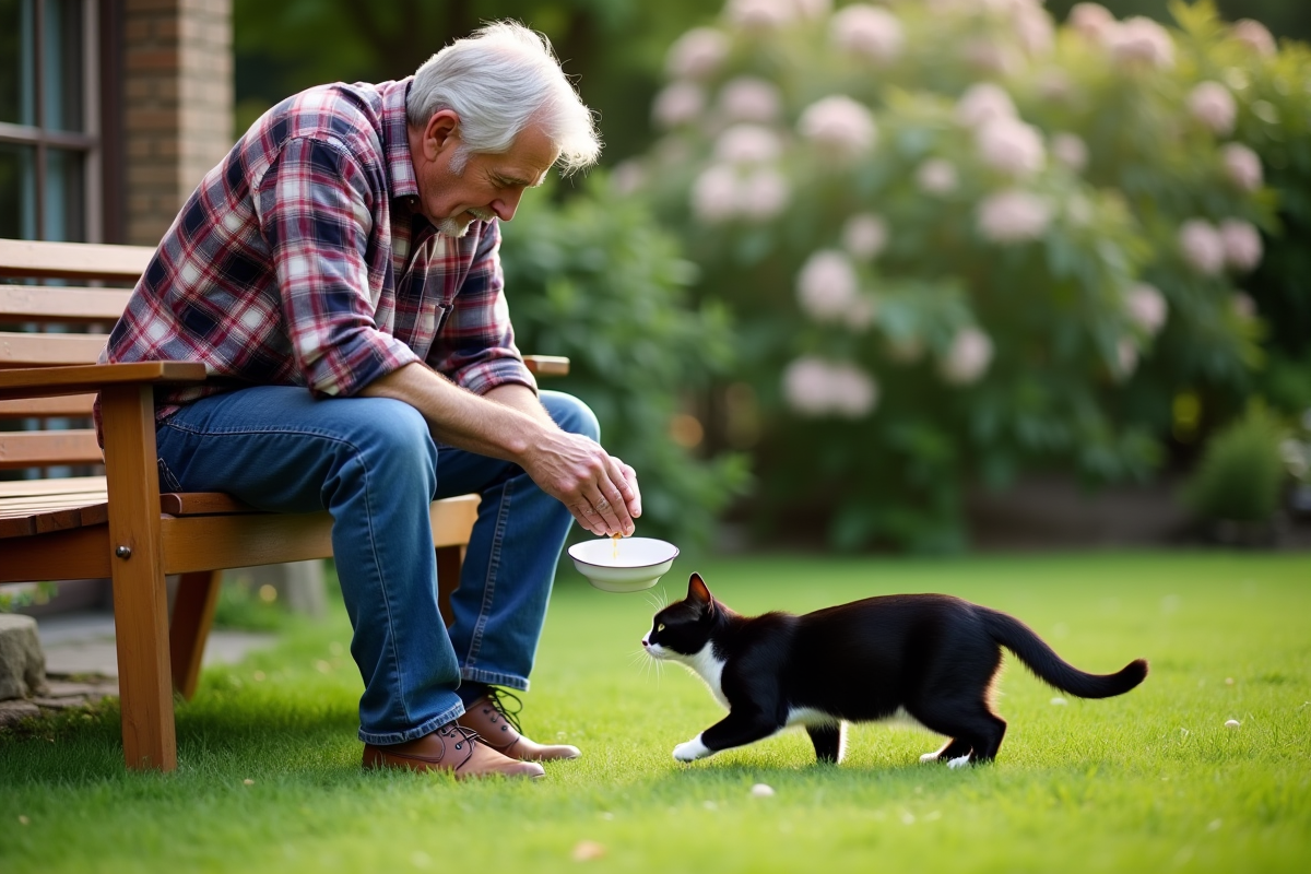Homme dans le jardin donne à manger à un chat noir et blanc