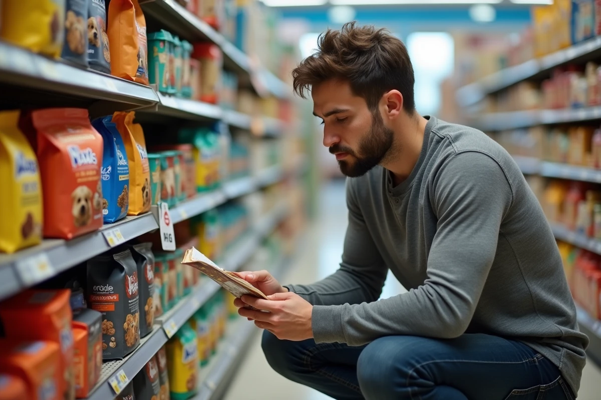 Homme lisant attentivement la composition nutritionnelle d'un sac de croquettes pour chien dans un magasin animalerie