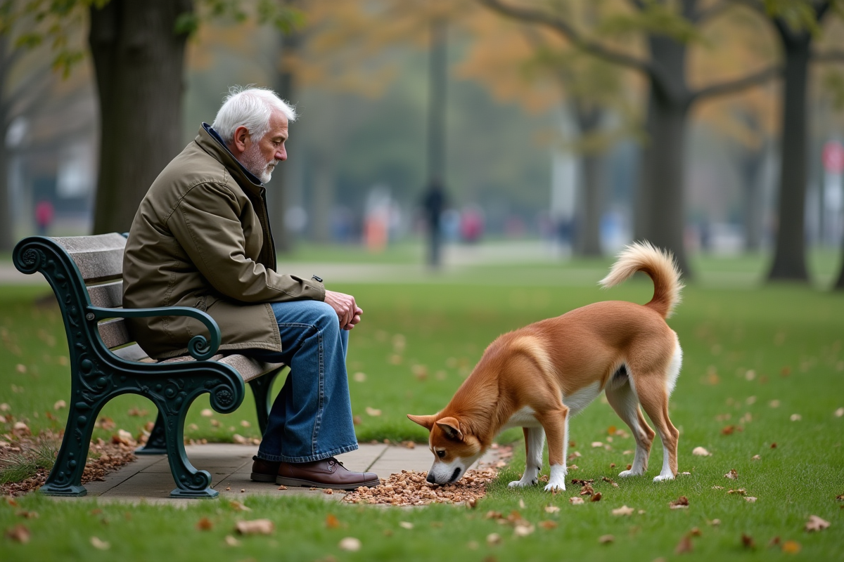 Homme senior regardant son chien dans un parc