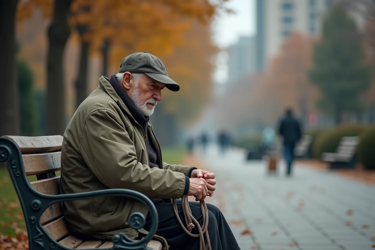 Homme âgé assis seul sur un banc de parc urbain