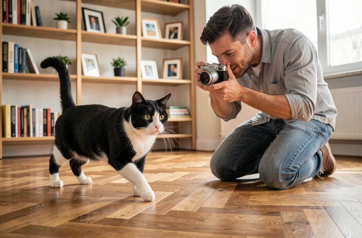 Homme photographiant un chat en smoking au niveau du sol pour capturer des contenus authentiques destinés à Internet