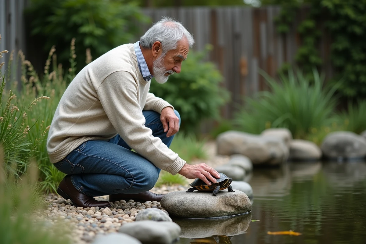 Homme âgé touchant une tortue dans le jardin