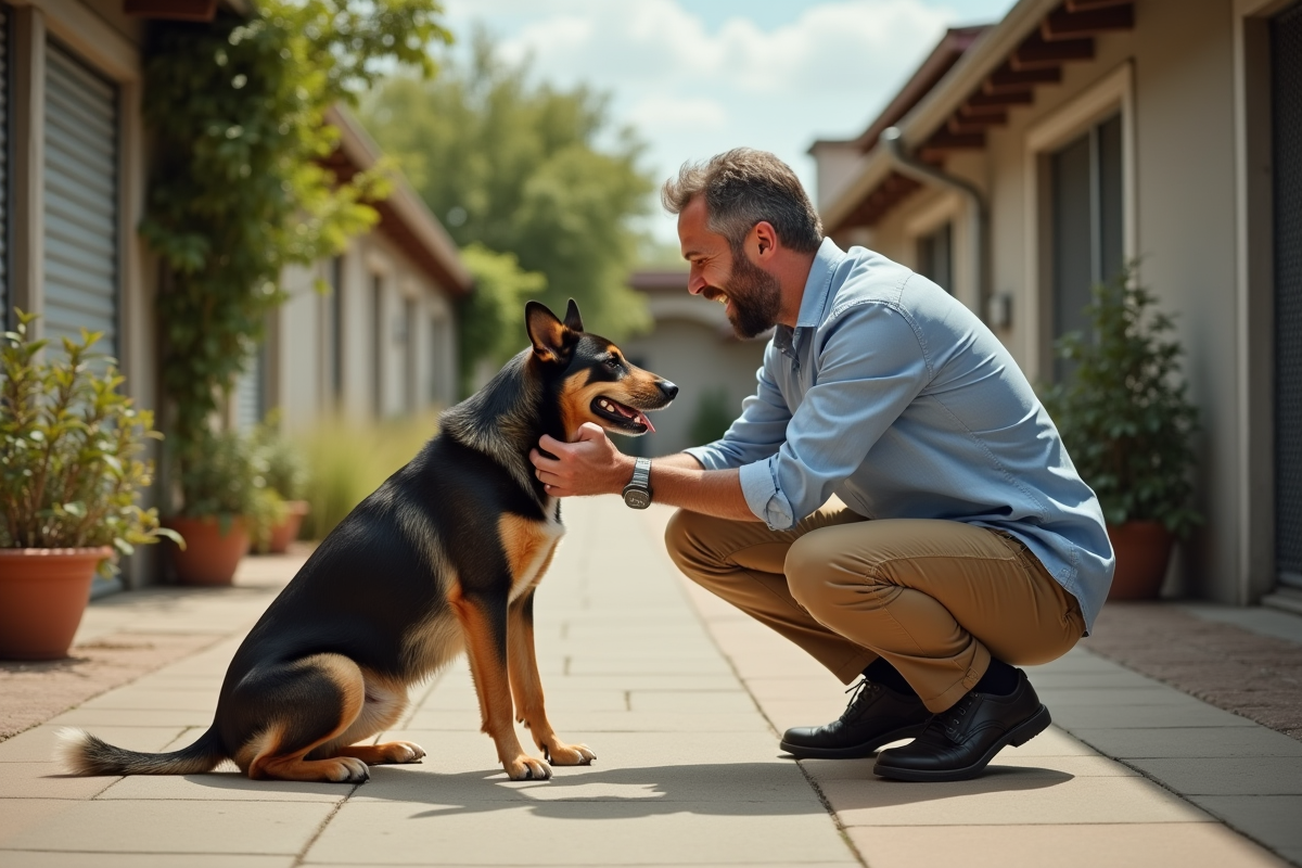 Homme en tenue décontractée jouant avec un chien dans cour ensoleillée