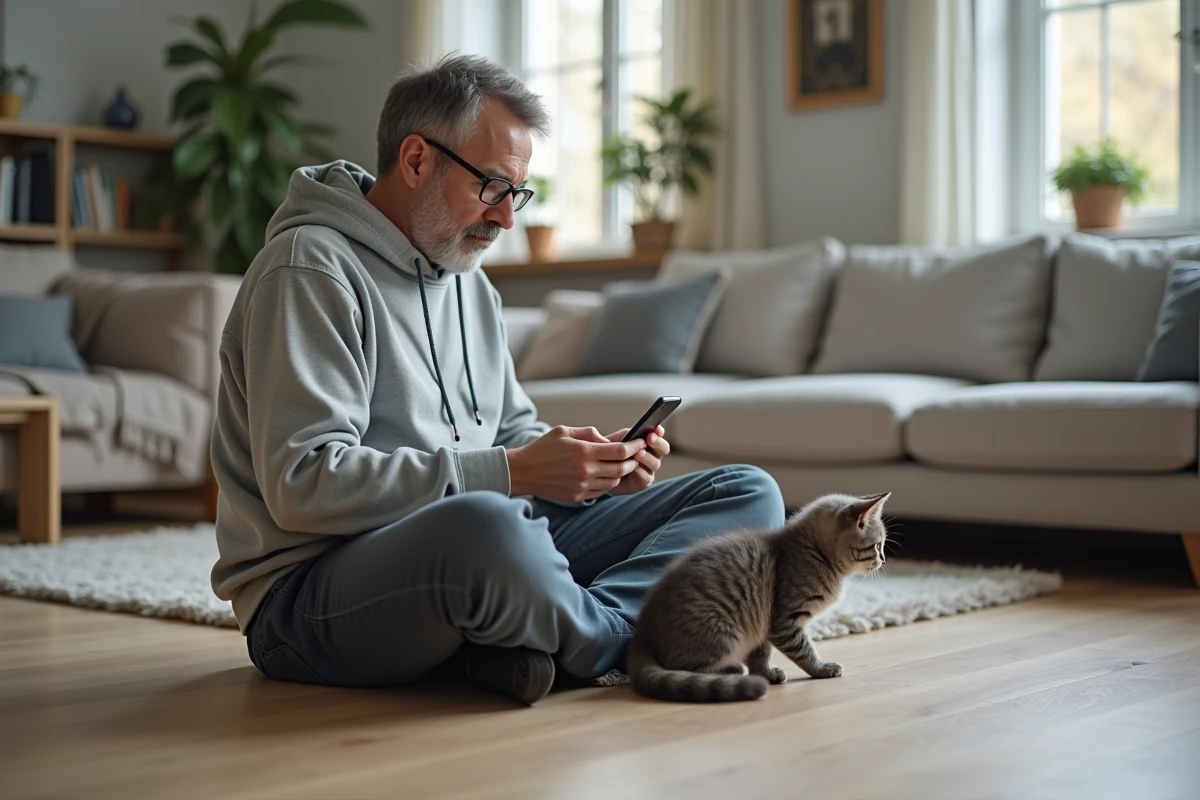 Homme consultant une annonce de don de chaton sur smartphone avec un chaton gris à ses pieds dans un salon en Île-de-France