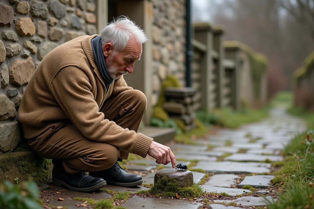 Homme âgé montrant une coccinelle sur une pierre dans un chemin rural