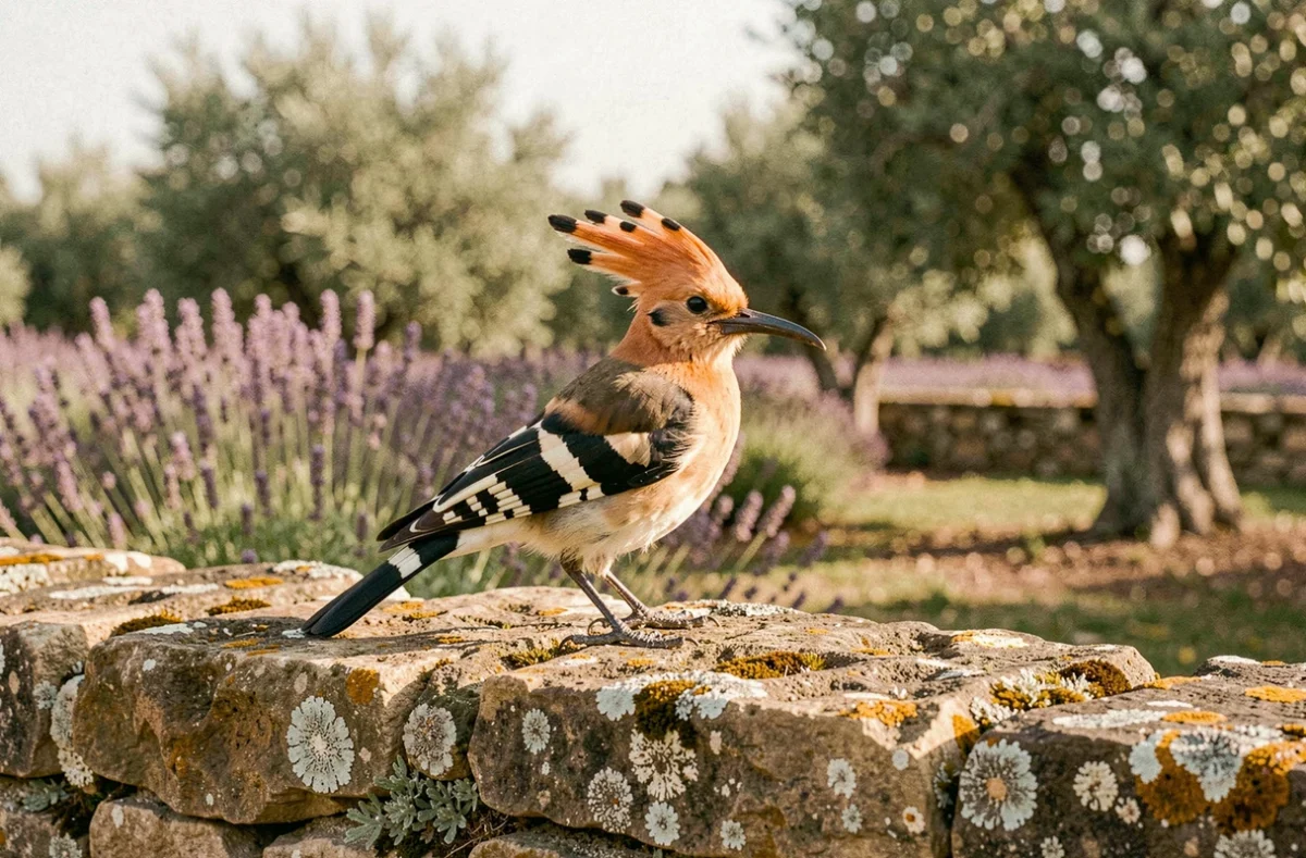 Huppe fasciée aux ailes rayées noires et blanches et crête déployée posée sur un vieux mur en pierre en Provence