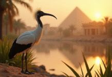 Ibis sacré au lever du soleil près du Nil avec ruines égyptiennes