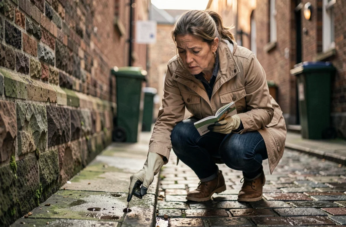 Femme identifiant des crottes d'animaux nocturnes dans une ruelle urbaine avec un guide de terrain
