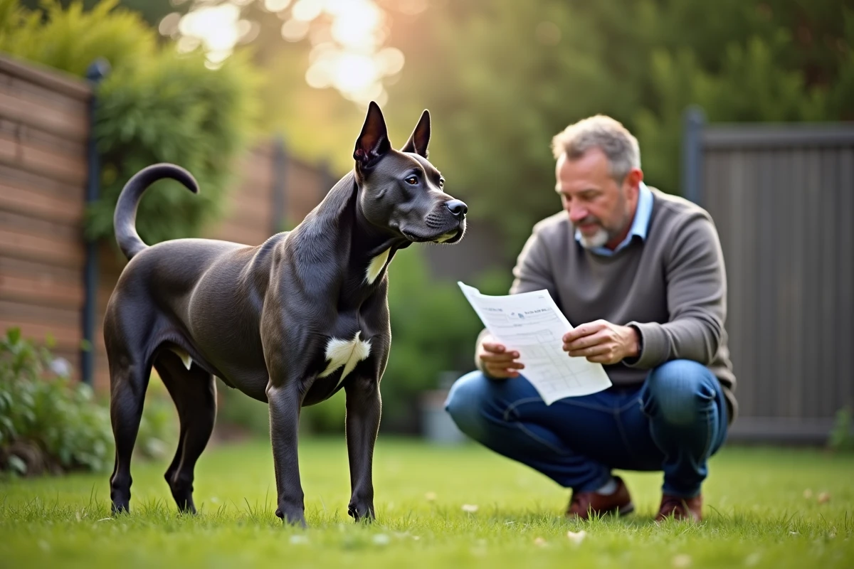 Chien staffordshire bleu en extérieur avec homme et feuilles de calcul