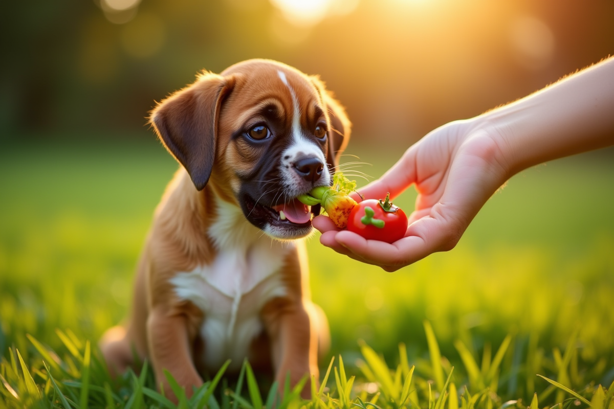 Jeune chiot boxer nourri de légumes dans le jardin
