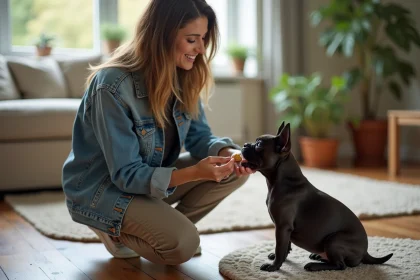 Jeune femme offrant une friandise à un chiot bulldog français