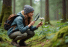 Caractéristiques des espèces : découvrir les critères essentiels pour les identifier Jeune femme dans la forêt examine une plante avec une loupe