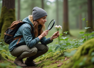 Caractéristiques des espèces : découvrir les critères essentiels pour les identifier Jeune femme dans la forêt examine une plante avec une loupe