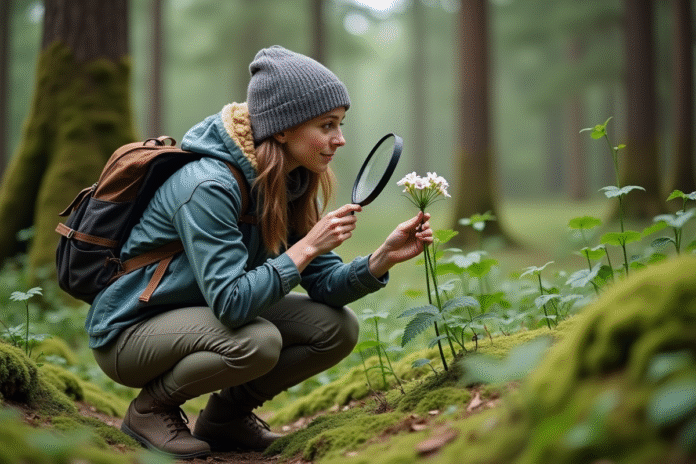 jeune-femme-foret-examen-plante Jeune femme dans la forêt examine une plante avec une loupe