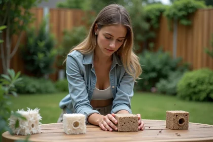 Jeune femme examine un nest d'ants dans le jardin
