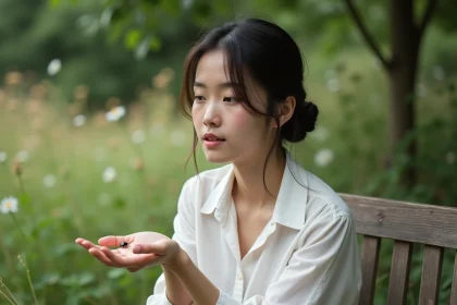 Jeune femme observant une coccinelle sur sa main dans un jardin