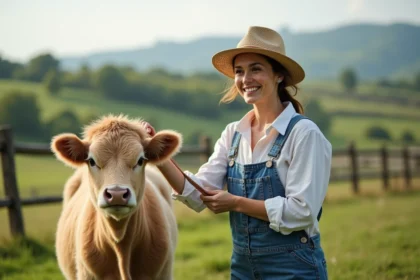 Jeune femme en overalls avec mini vache dans la nature