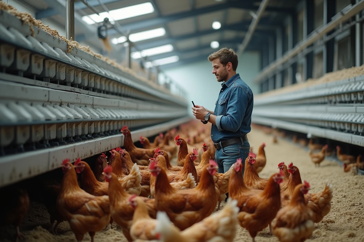 Jeune fermier contrôlant la production dans une poulailler moderne