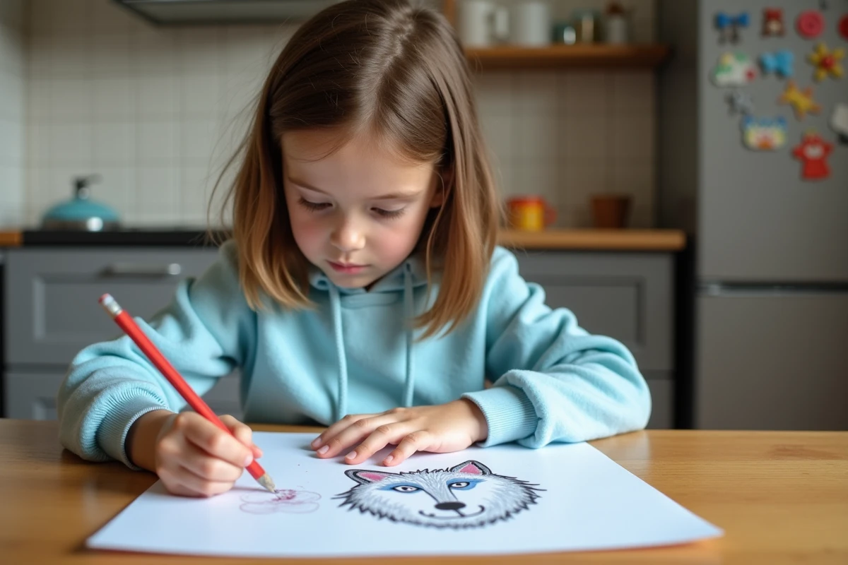Jeune fille de 8 ans dessinant un loup avec des crayons