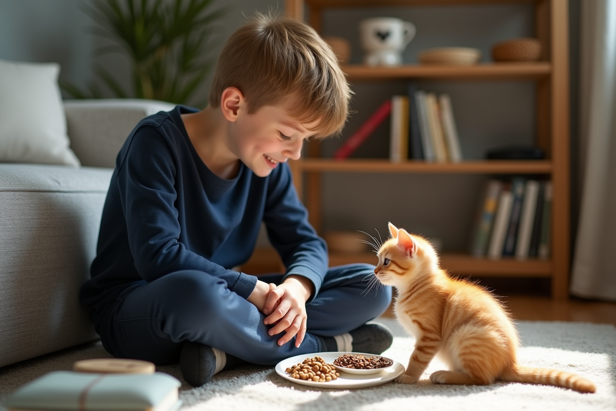 Adolescent avec son chaton orange dans le salon lumineux