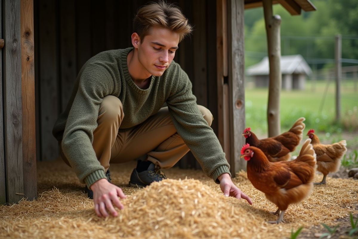 Jeune homme dans une poulailler rustique avec des poules et de la litière de blé