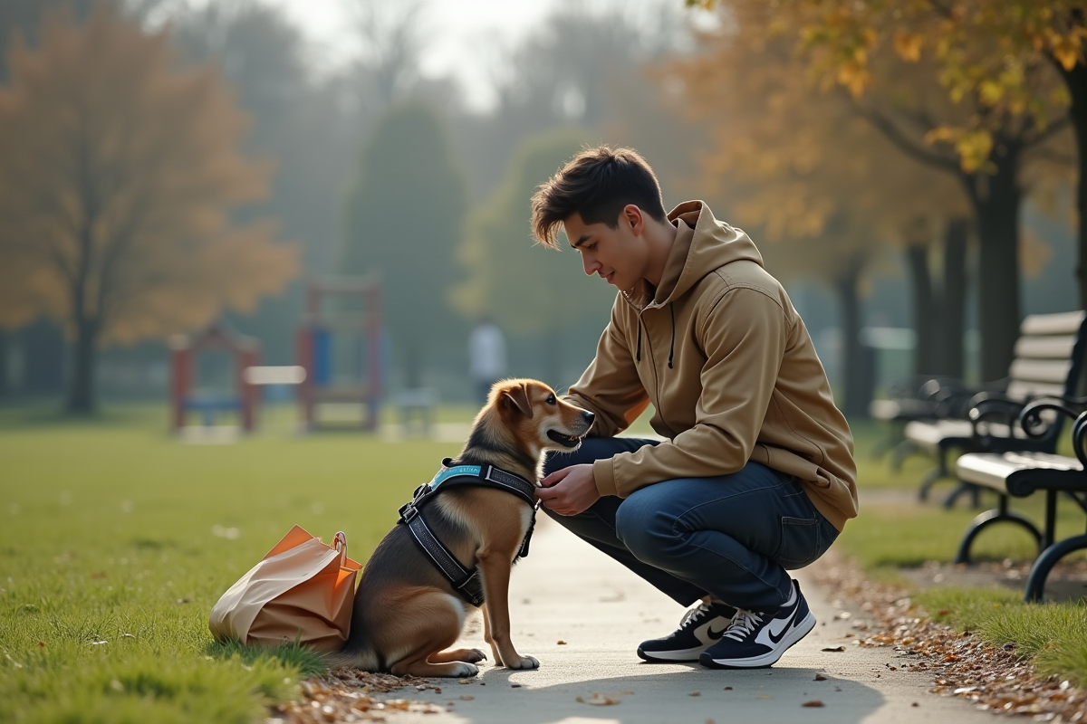 Jeune homme ajustant le harnais de son chien dans un parc
