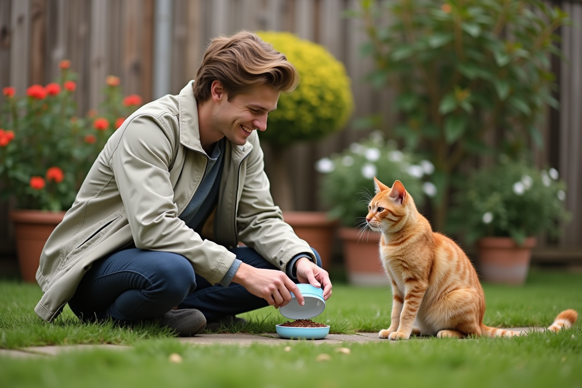 Jeune homme dans le jardin ouvre nourriture naturelle pour son chat