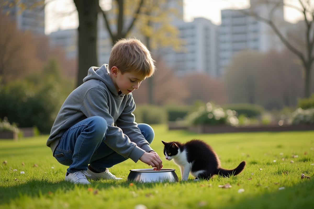 Jeune homme donne à manger à un chat dans un jardin urbain