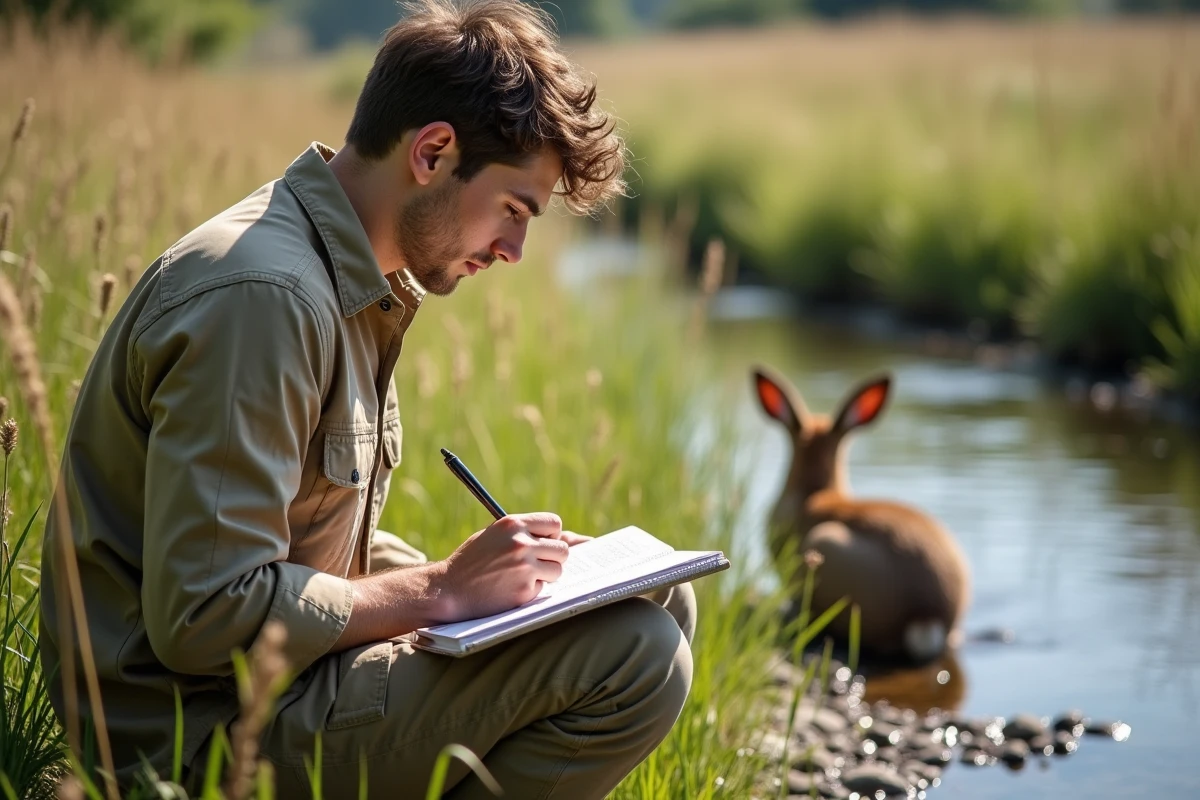Jeune chercheur dessinant un grison près d