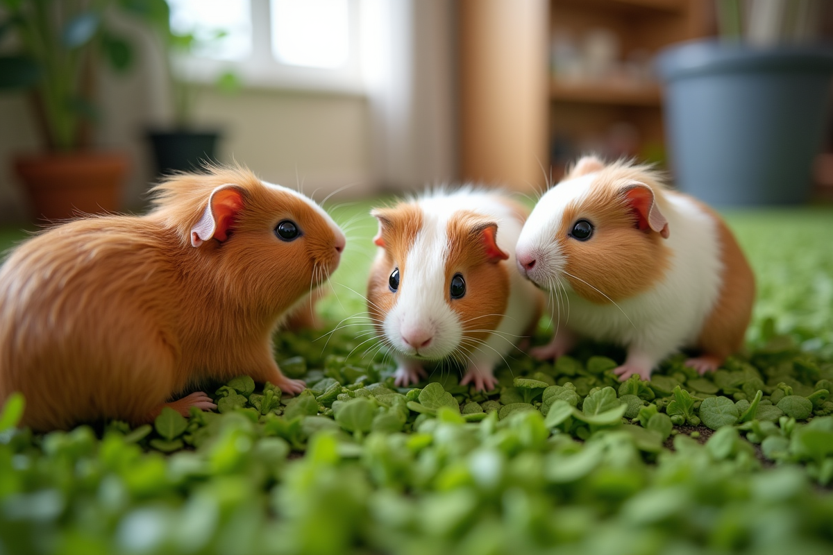 Groupe de bébés cobayes explorant un tapis vert intérieur