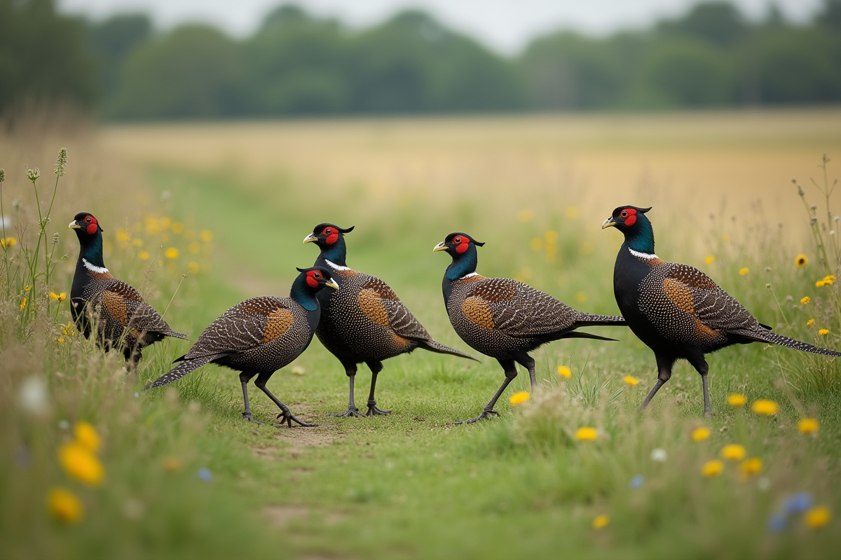 Jeunes faisans noirs avec une femelle dans la nature