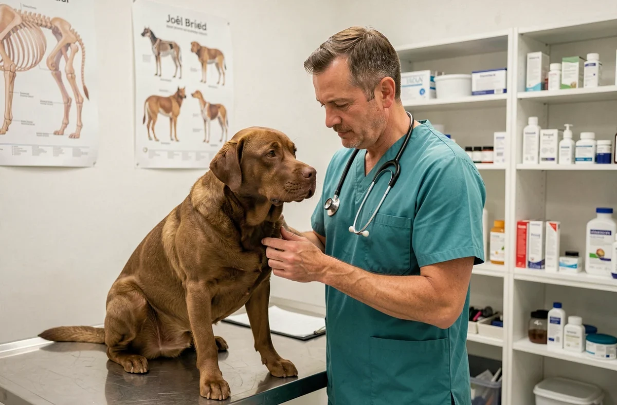 Le vétérinaire Joël Bried en scrubs teal examinant un Labrador brun sur une table d'examen dans une salle de consultation