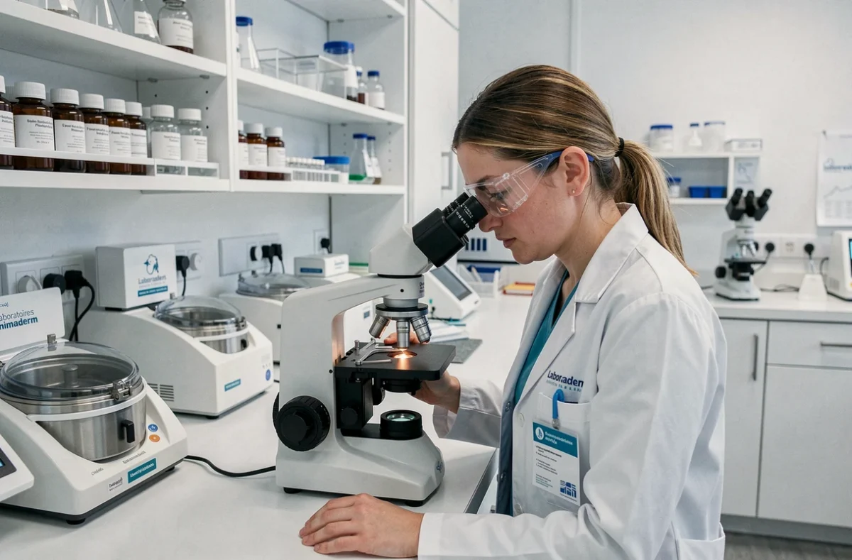 Intérieur du laboratoire Animaderm avec une technicienne analysant des échantillons dermatologiques sous microscope