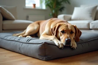 Grand labrador senior allongé sur un lit orthopédique XXL à mémoire de forme dans un salon moderne