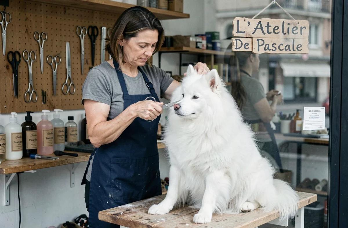 Pascale ciseautant avec précision un samoyède dans son atelier de toilettage canin artisanal